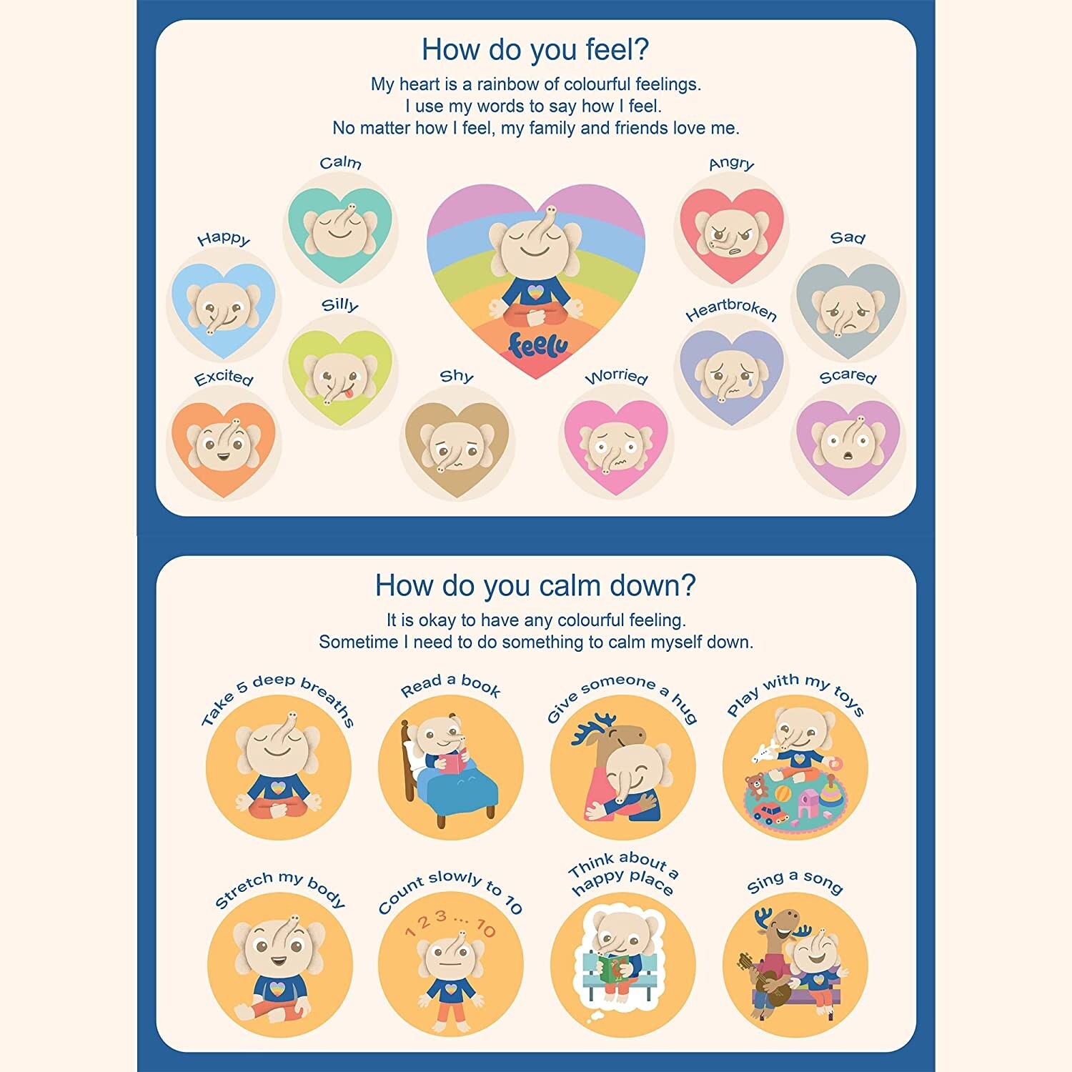 Feelings Chart For Kids – Calming Poster – 2 12”x18” + 6 Emotion Stickers