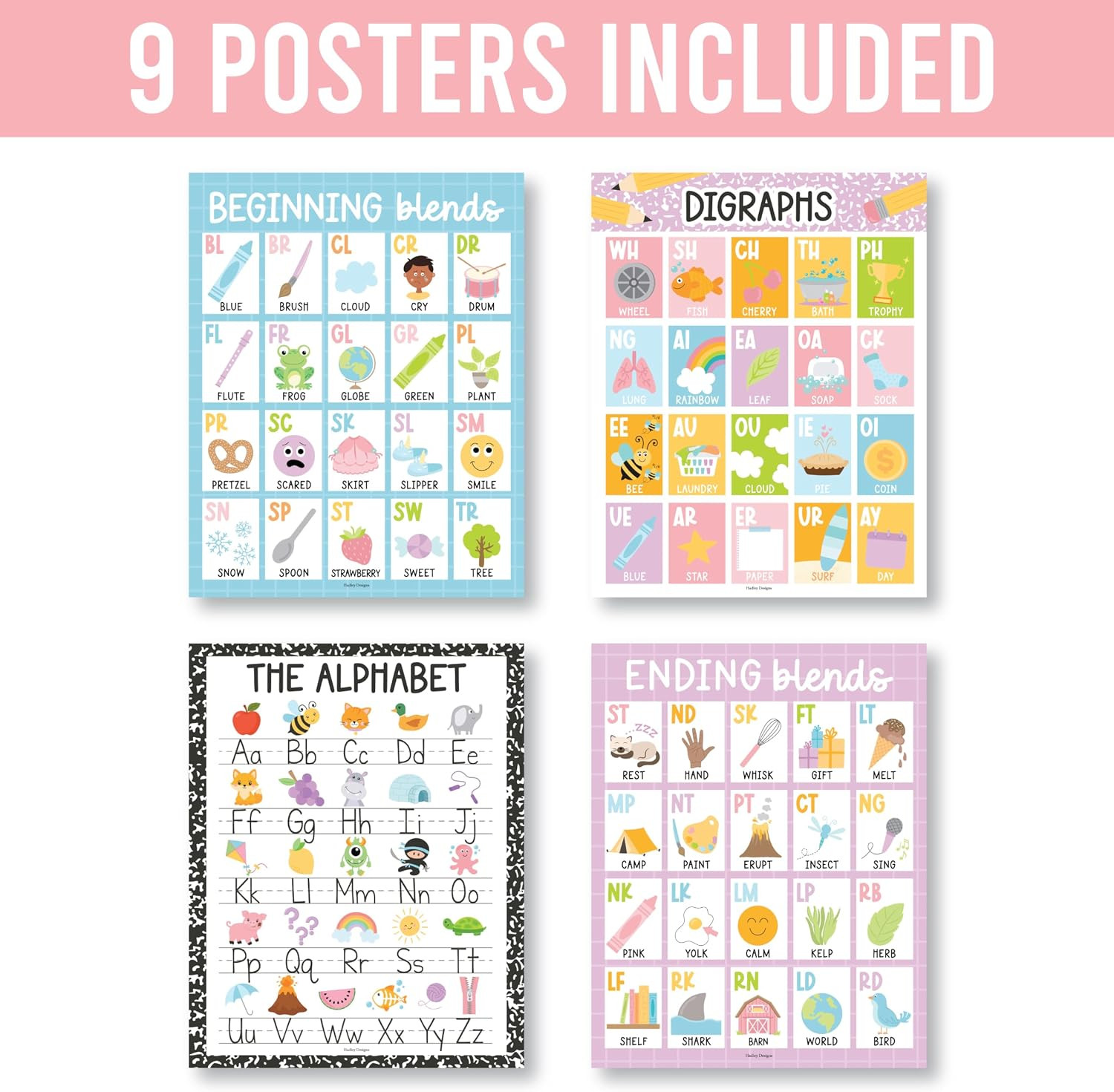 Phonics Posters for Classroom Must Haves – 9 Sound Wall for Kindergarten & Eleme