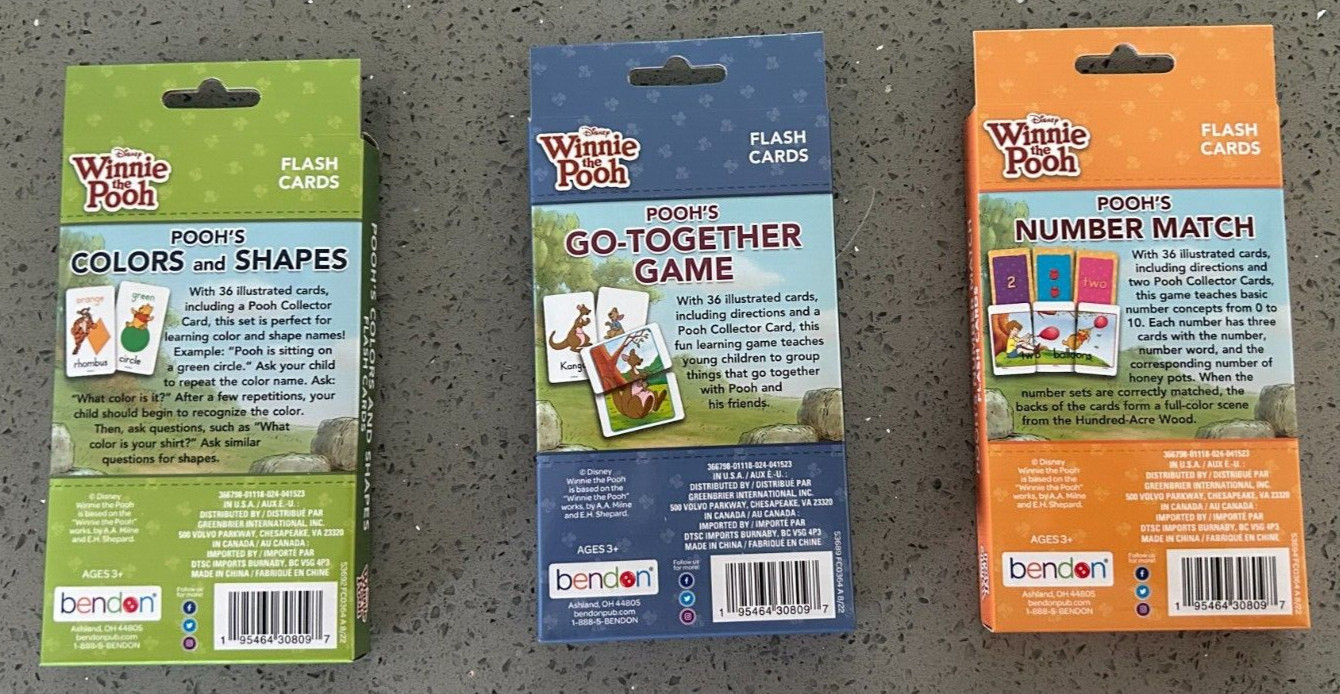 Winnie the Pooh Flashcards Colors and Shapes, Go-Together Game, Number Match New