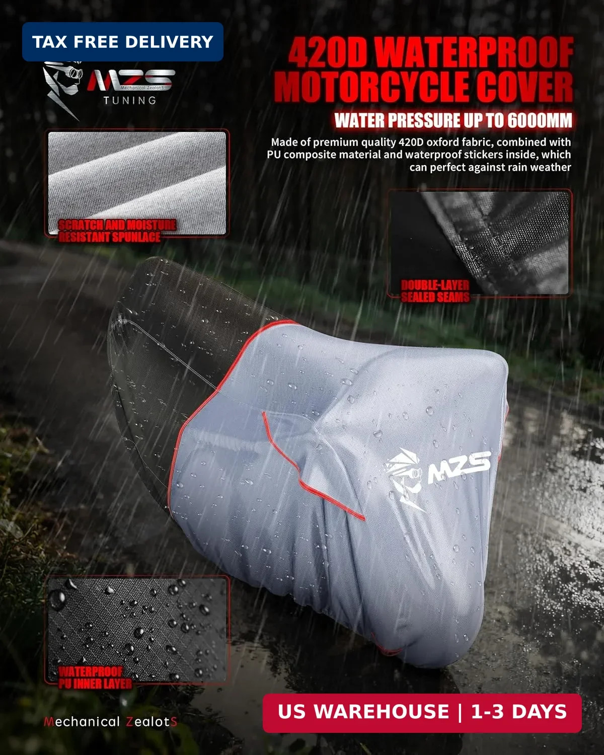 MZS Motorcycle Cover Waterproof Outdoor, Heavy Duty All Season Weather Sun Prote