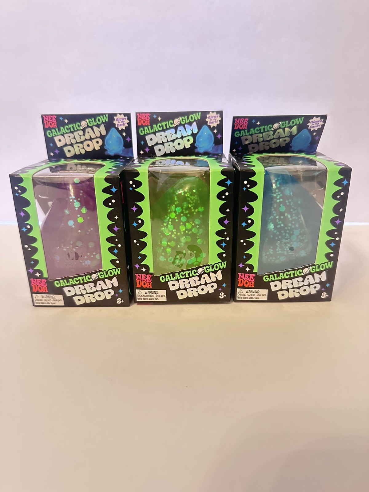 Nee Doh Galactic Glow Dream Drop Complete Set of 3 – Blue Green Purple SEALED