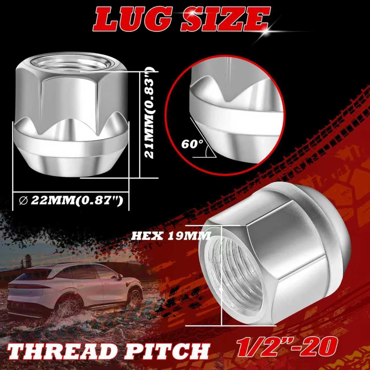 1/2-20 Open-End Lug Nuts 20PCS 60 Degre Conical Seat 3/4″ Hex 0.83″ Length Lug