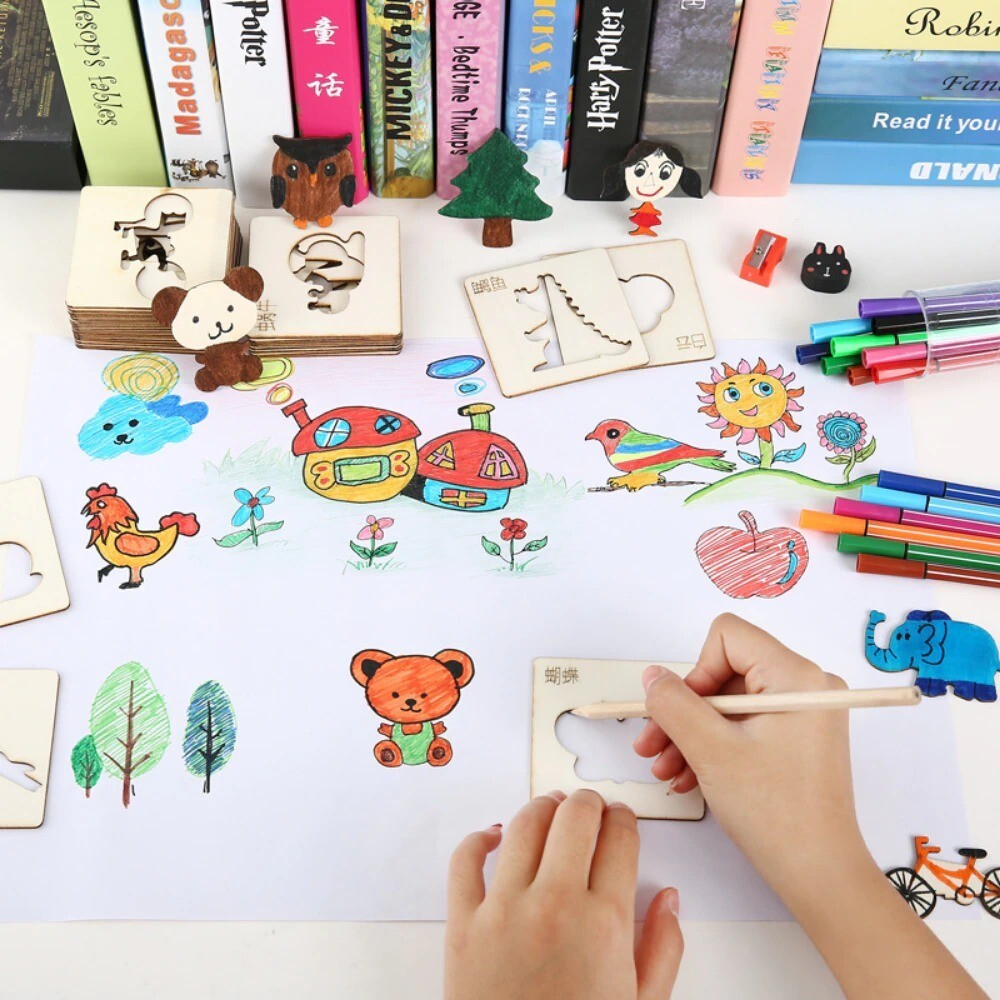 Kids Drawing Toys 20pcs Wooden DIY Painting Template Stencils Stencils Learning