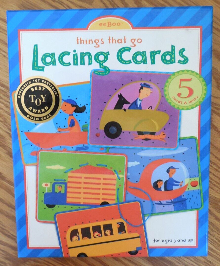 EUC 2003 eeBoo “Things That Go” Lacing Cards with 5 Cards & Laces