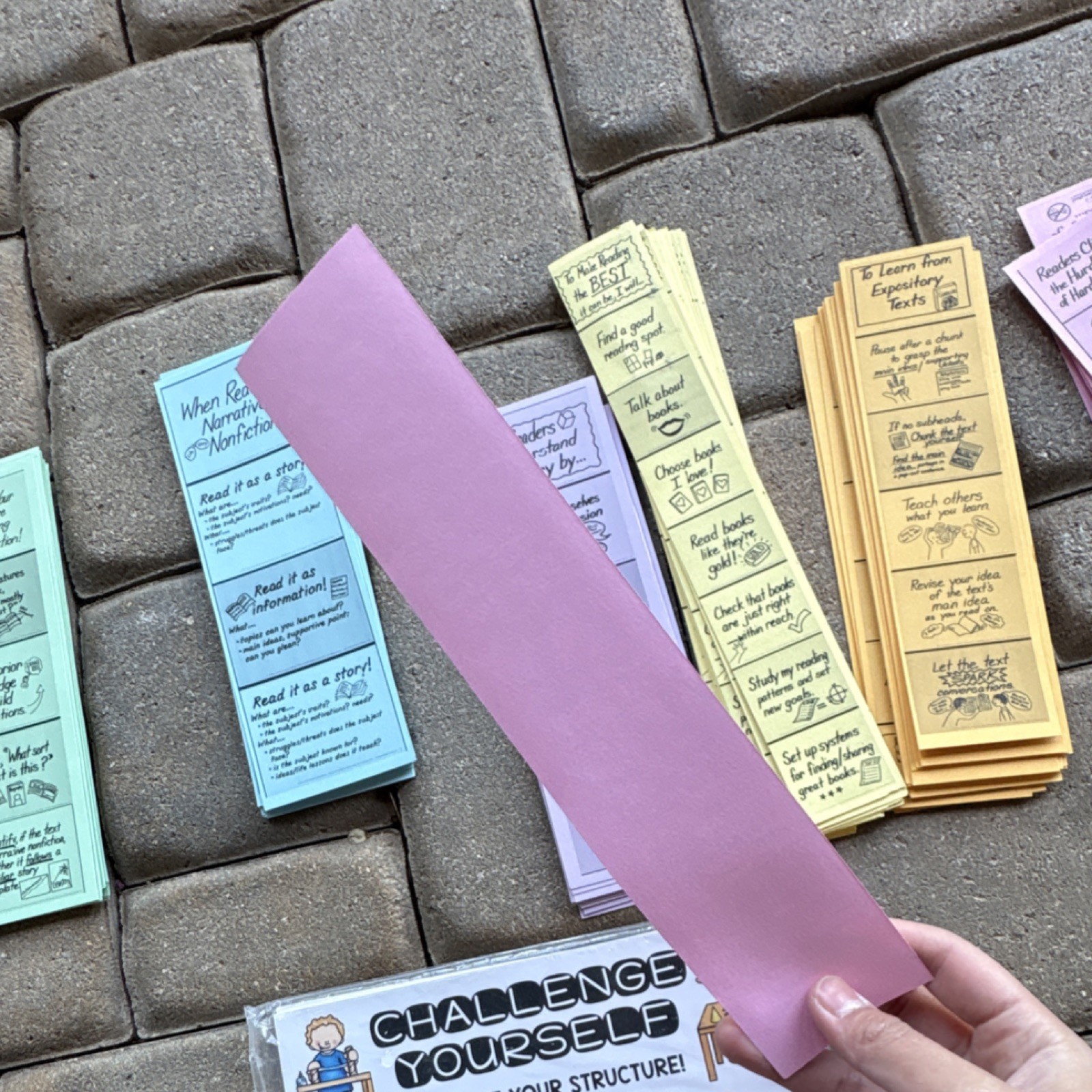 Multicolor Reading Strategy Challenge Cards & Comprehension Prompt Bookmarks Set