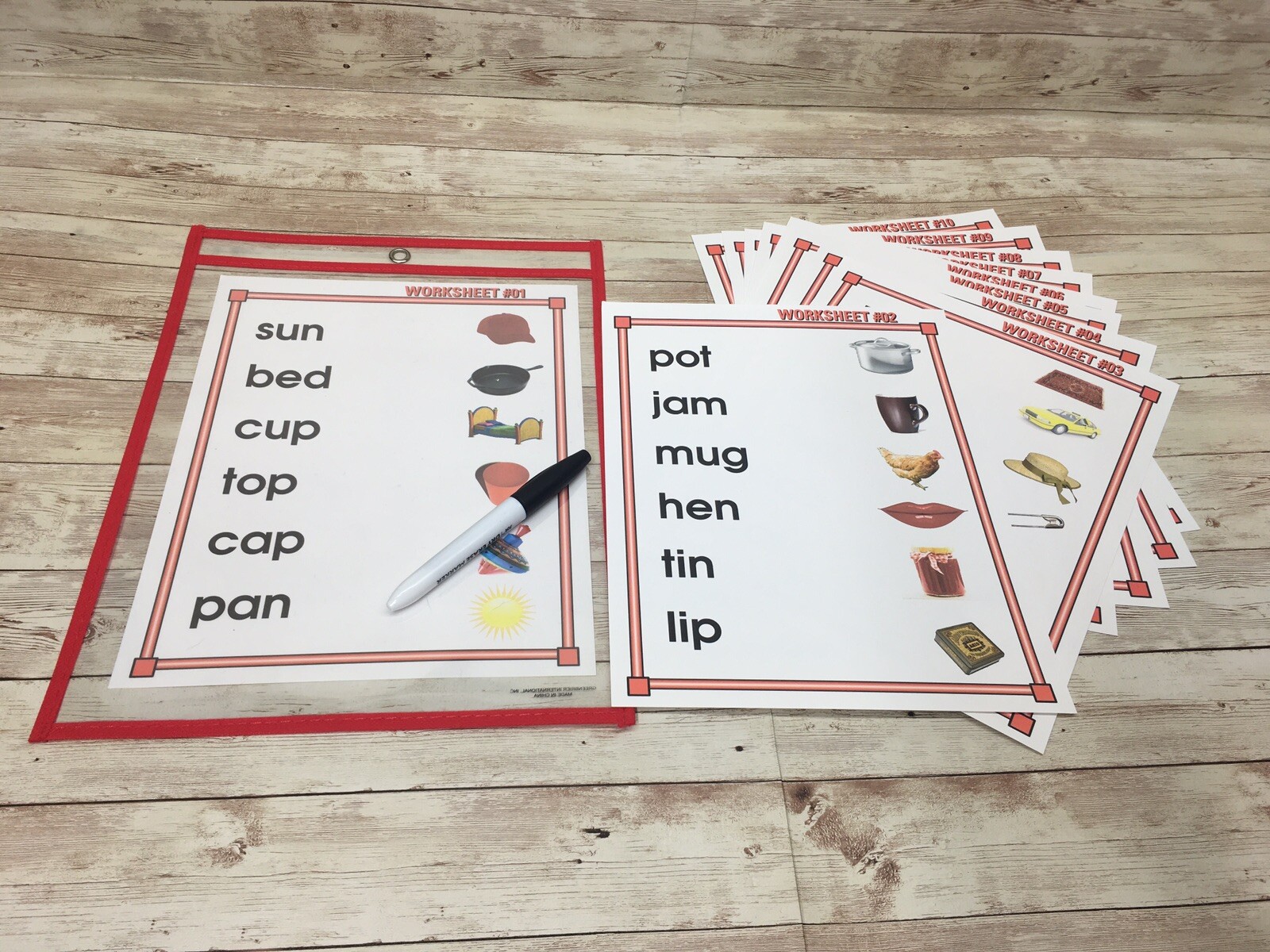 CVC WORDS – 10 Worksheets – with Reusable Dry Erase Pocket