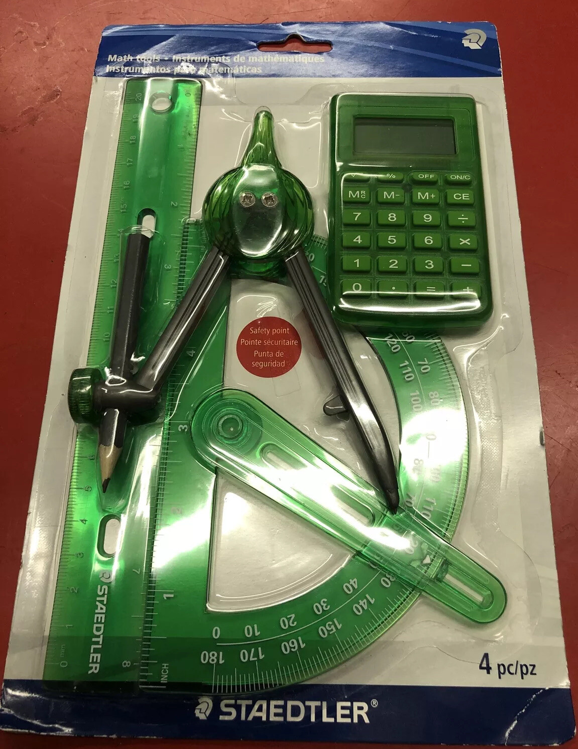 Staedtler 4 Piece Set Math Instruments Ruler Protractor Compass Calculator Green