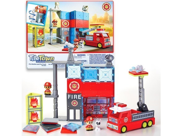 Tile Town Fire Station Magnetic Tiles 66 Piece Magnet Toy Playset Build STEM