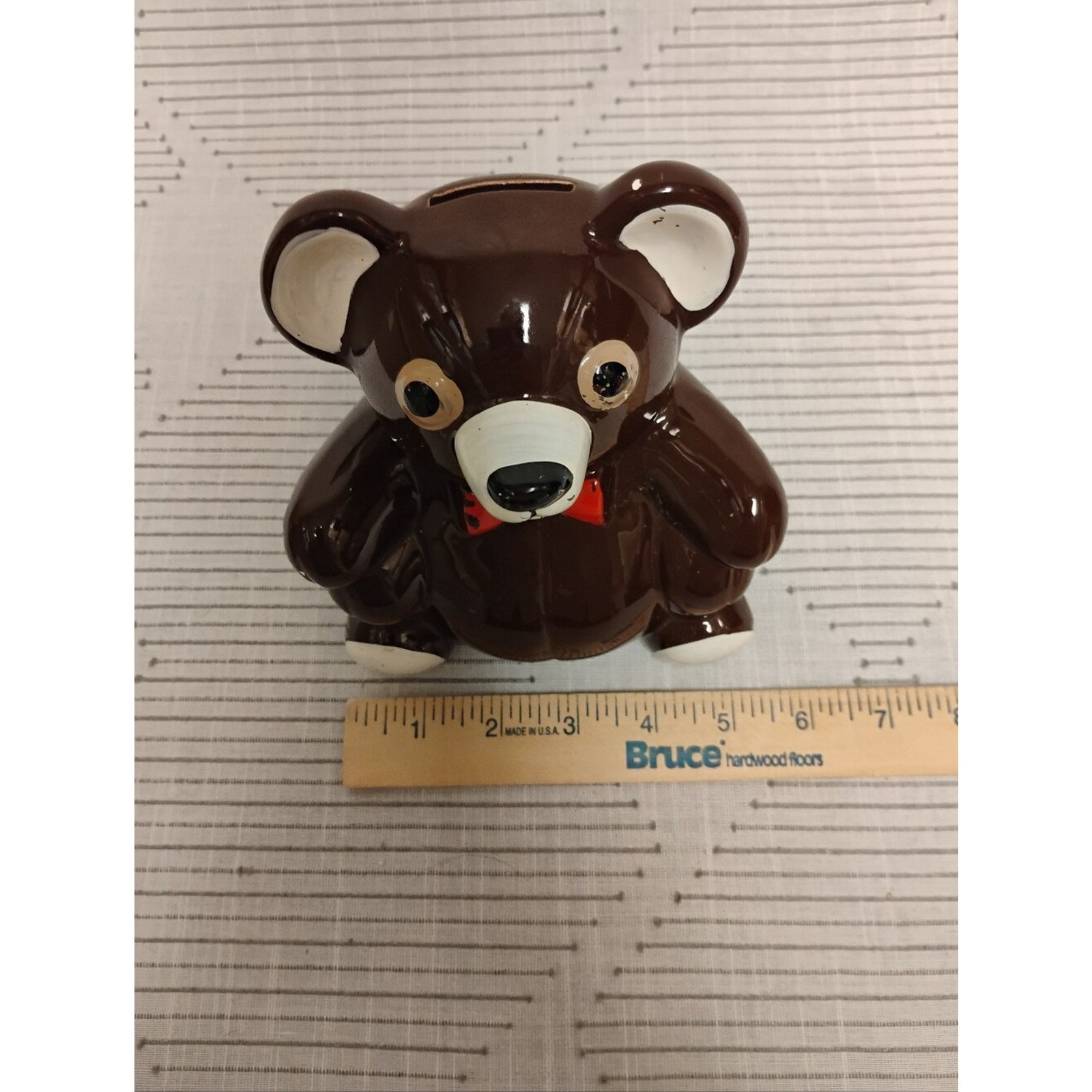 Vintage Brown Teddy Bear Ceramic Bank with Red Bow Made In Japan 70s
