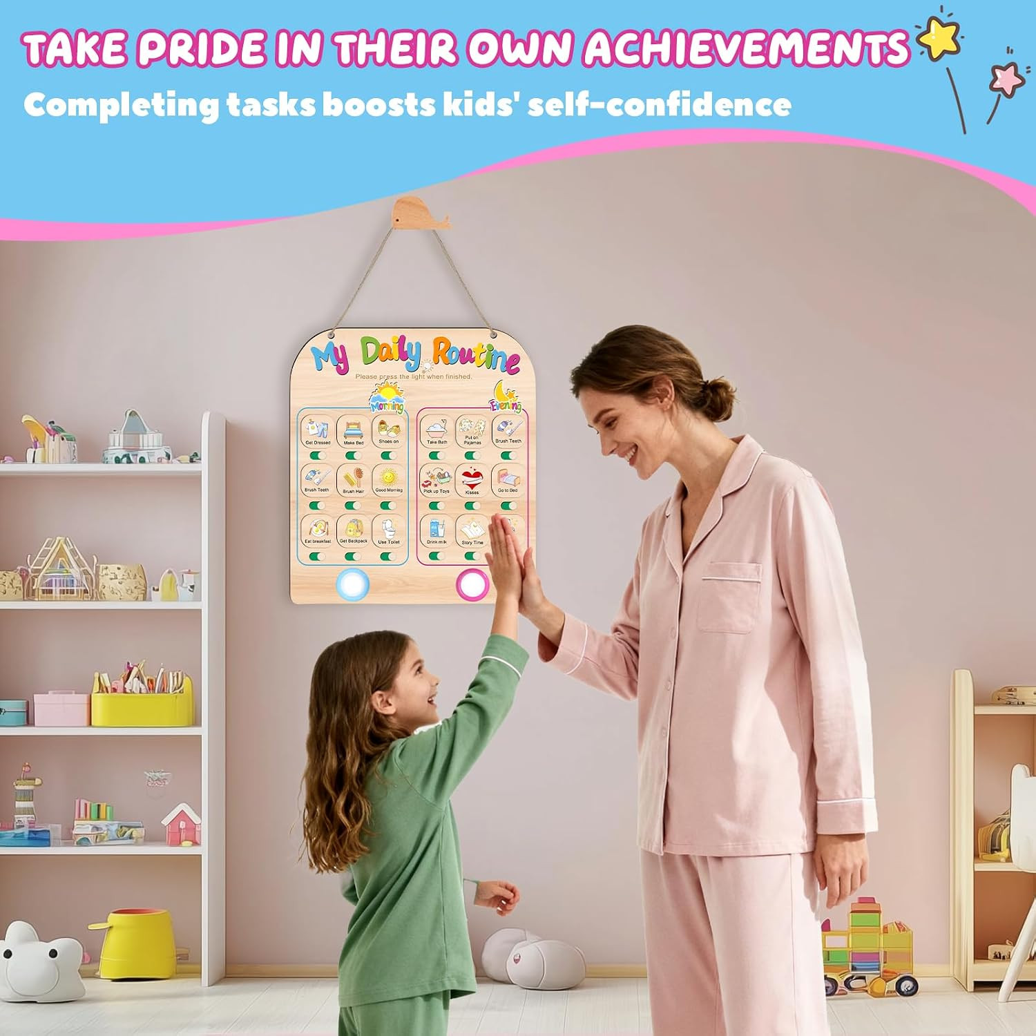 Daily Routine Chart for Toddlers, 2 in 1 Morning Bedtime Routine Checklist Chart