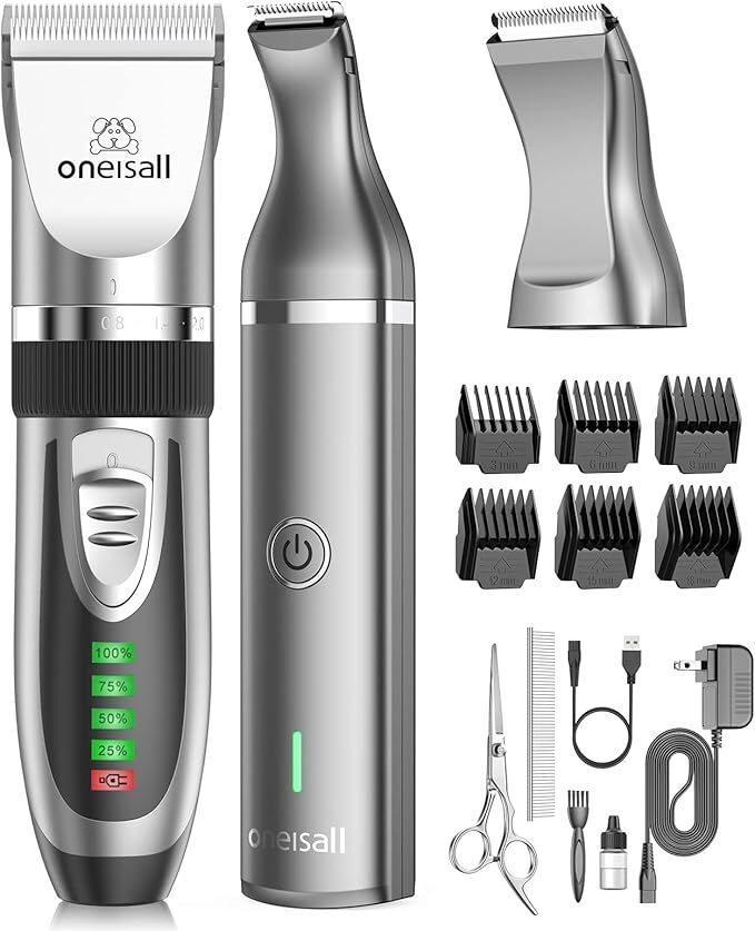 oneisall 2 in 1 Pet Cat & Dog Grooming Kit – Quiet Cordless Dog Clippers & Paw