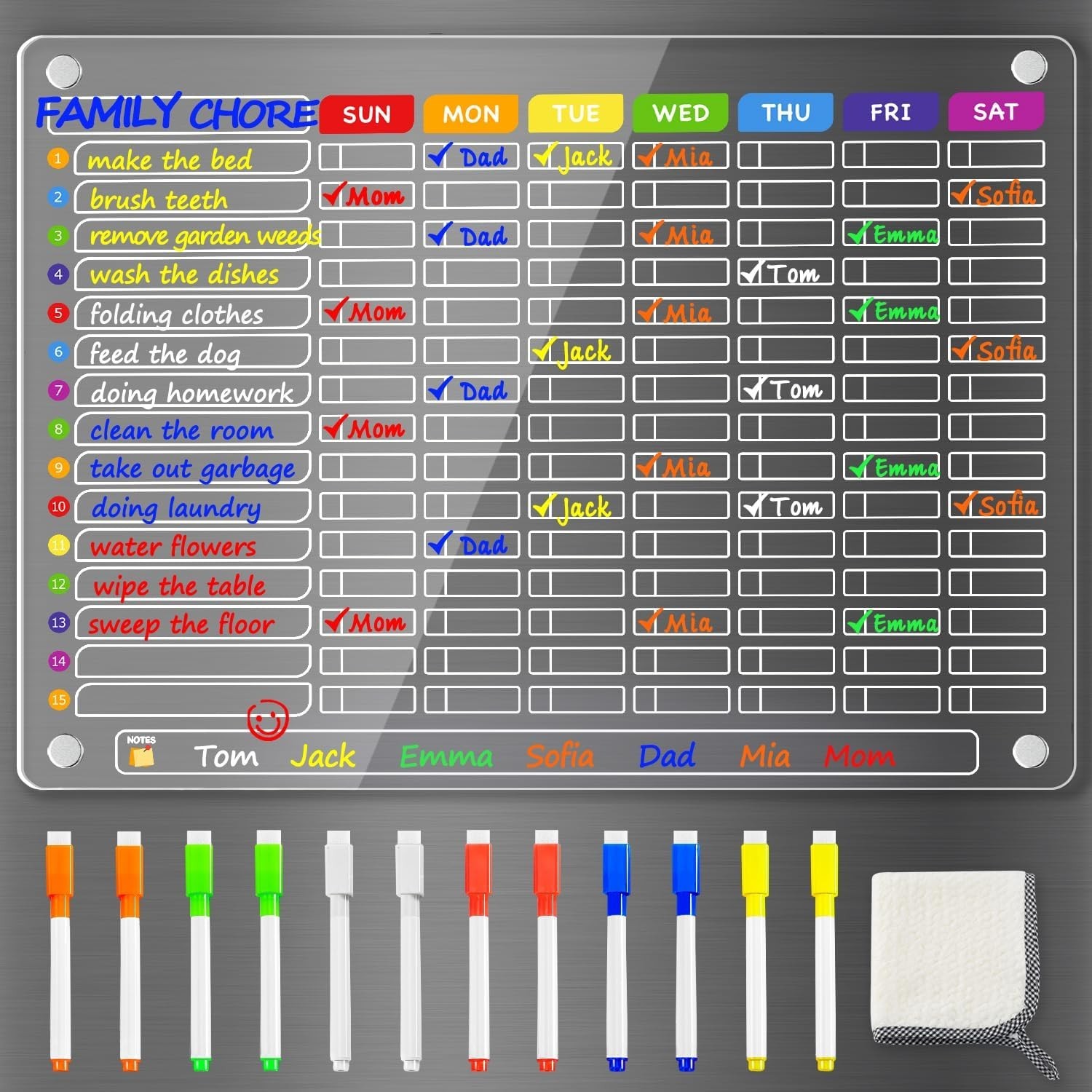Large Acrylic Magnetic Chore Chart for Families – 16″x12″ Dry Erase Board, 12 Ma