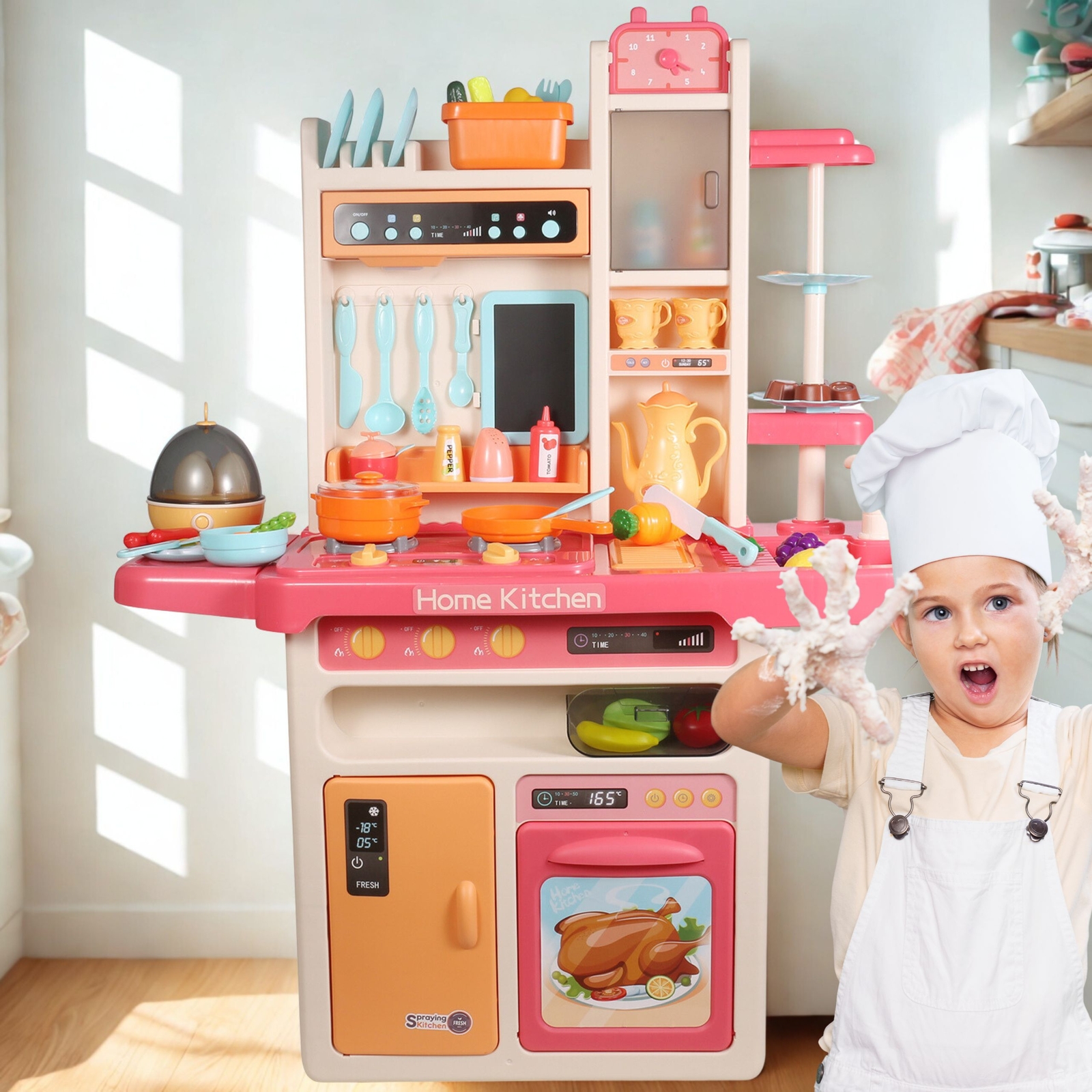 Kids Deluxe Kitchen Cooking Playset with Steam & Water Effects – 65 Accessories