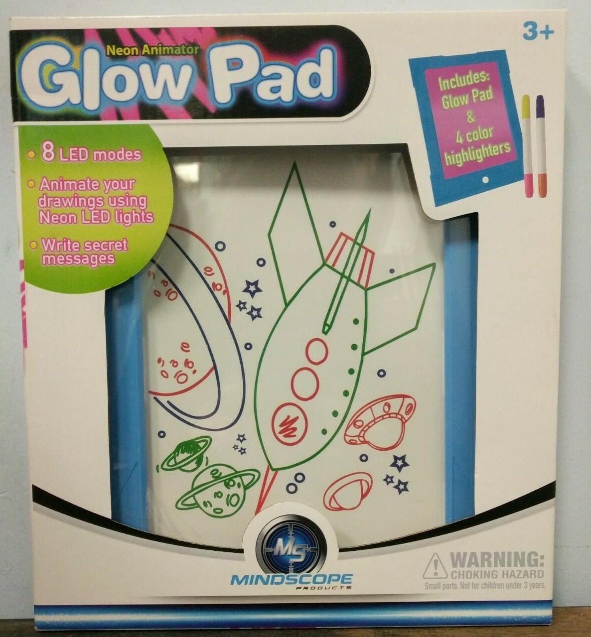 New Mindscope Light Up LED Blue Framed Glow Pad Animator W 4 Glow Markers