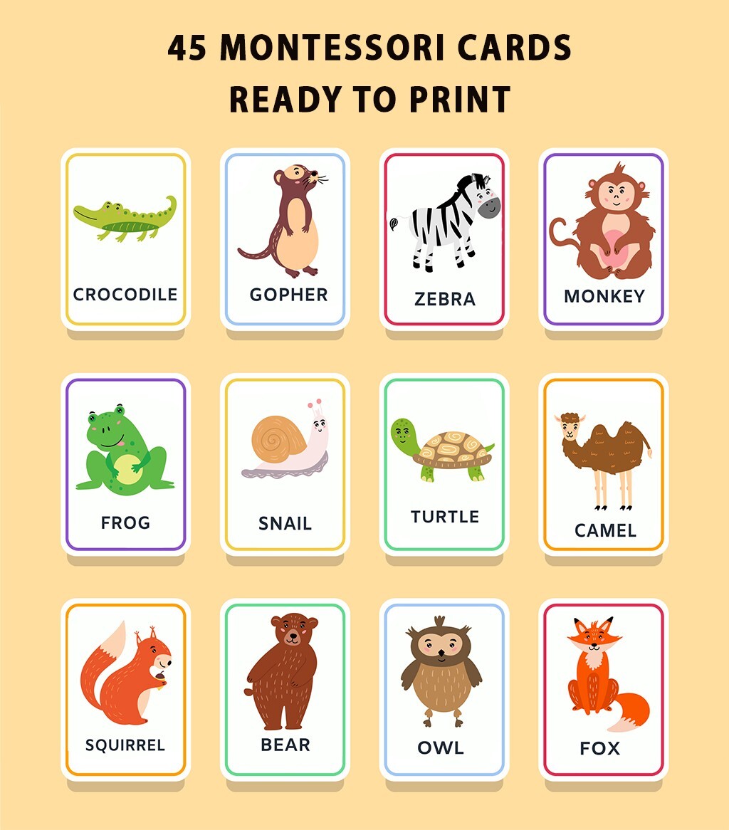 Printable 45 Animals Flash Cards-Montessori-Inspired 45 Card Set for Preschool