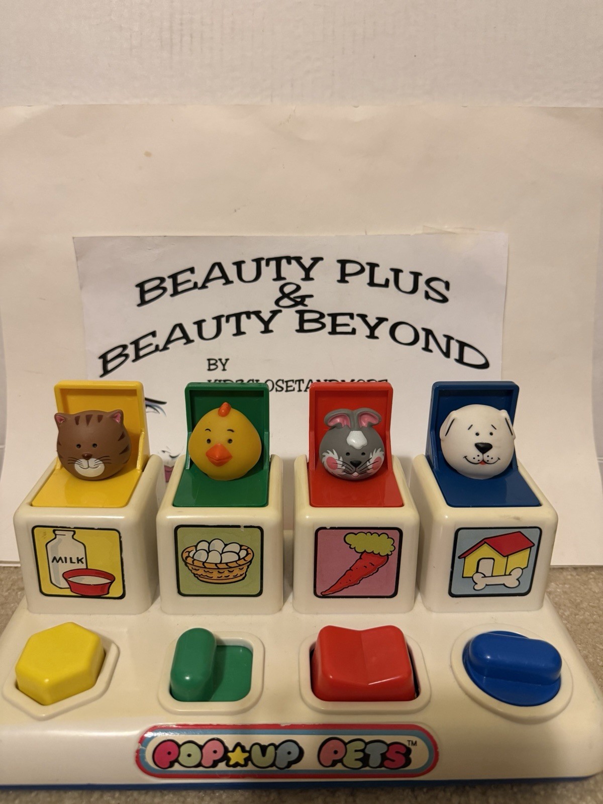 Vintage 1984 Pop-UP Pets Child Development toy, Working, carrot, eggs, milk, dog