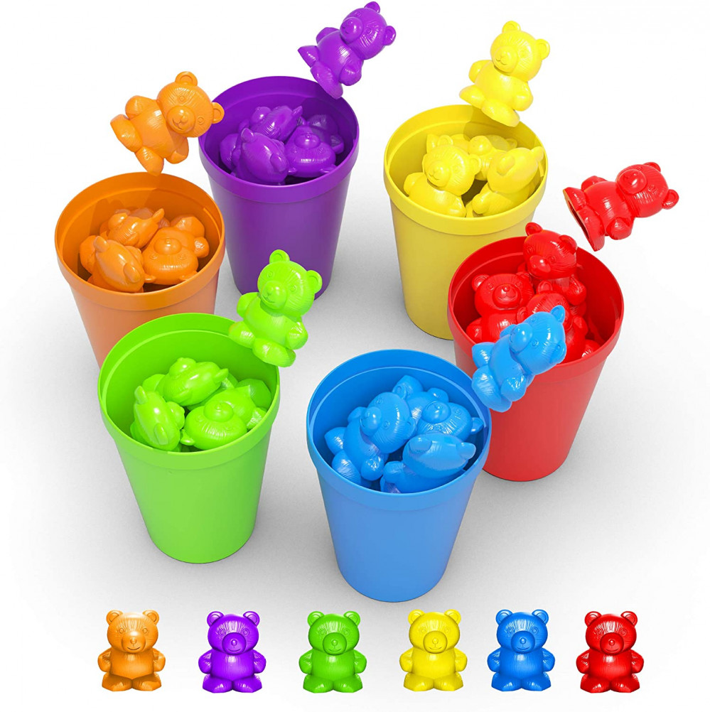 Rainbow Counting Bears w/ Matching Sorting Cups 67 Pcs Set + Storage Bag STEM _C
