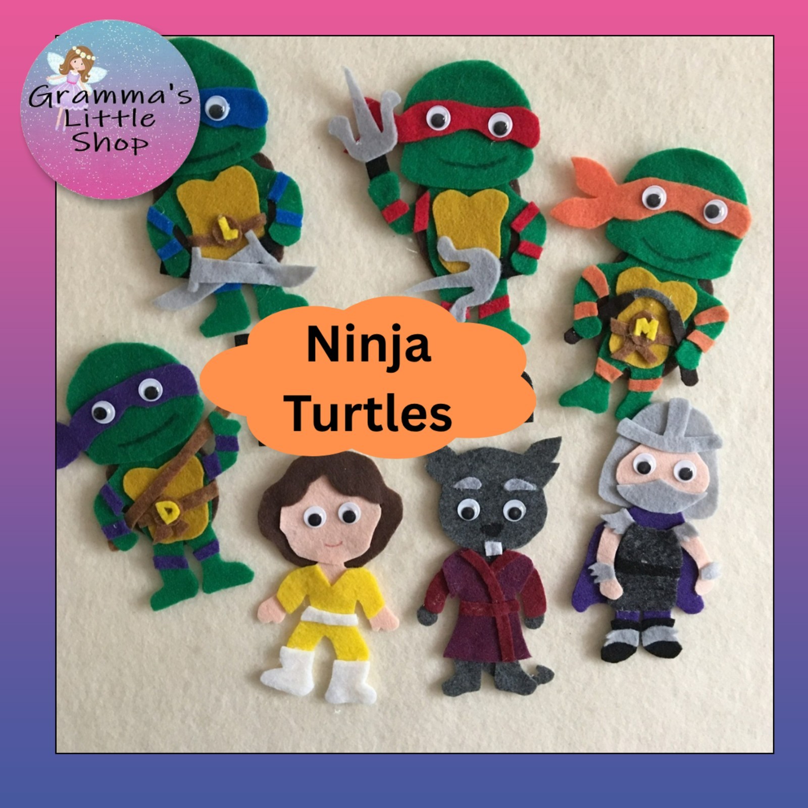 Ninja Turtle Handcrafted Felt Characters for Felt or Flannel Board Play