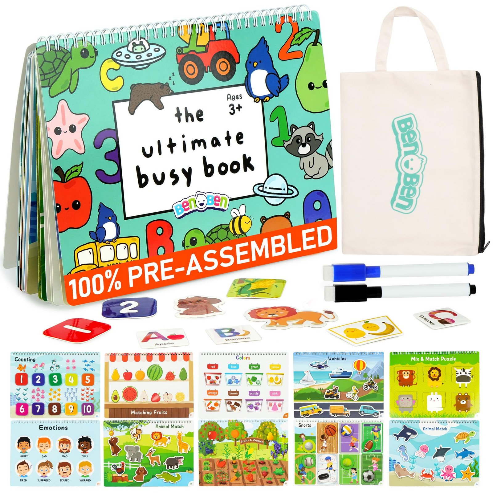 Busy Book for Toddlers, 30 Pages, Pre-Assembled, Preschool Learning Activitie…