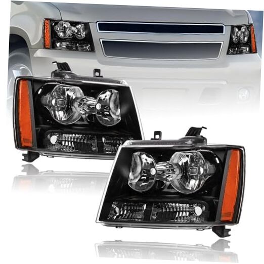 Headlights for 2007-2013 Chevy Tahoe Avalanche Amber Reflector & Black Housing