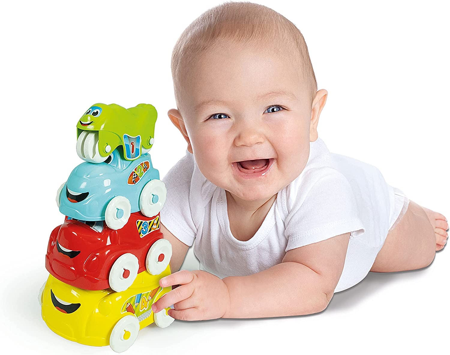Clementoni- Stacking Vehicle Toy: 4 Piece Playset, Bus, Truck, Car & Motorbike (