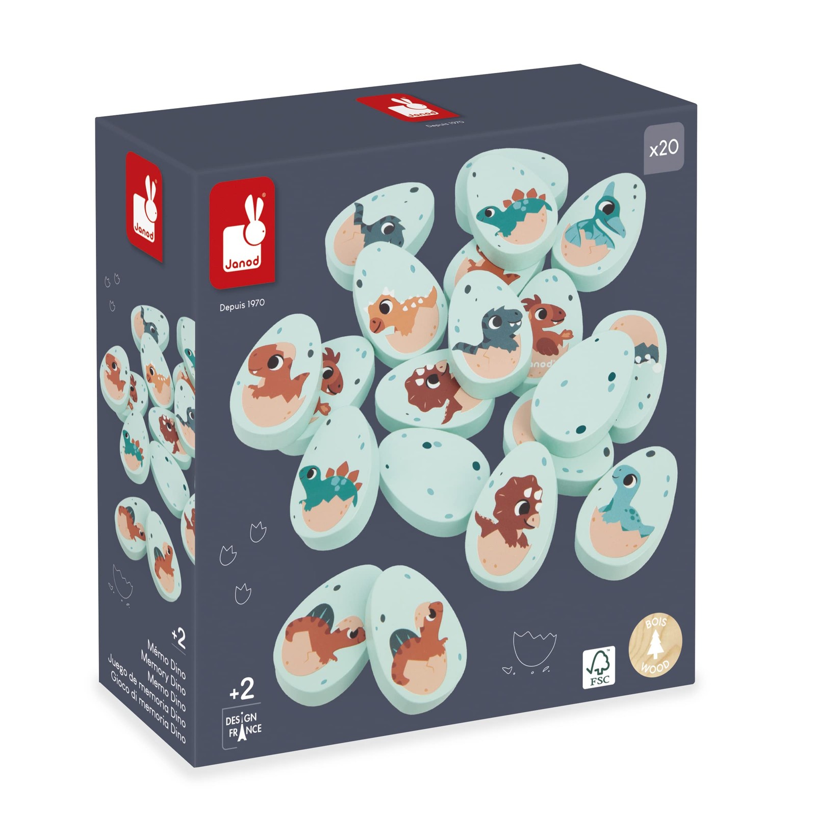 Janod Game-20 Egg-Shaped Wooden Pieces-10 Pairs of Baby Dinosaurs-Children’s Mem