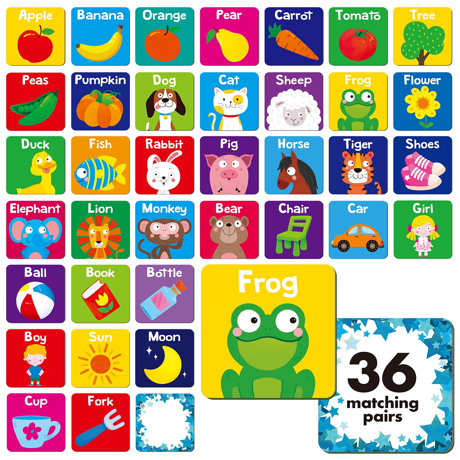 Memory Matching Game 72 PCS 36 Pairs 2″ x 2″ – Educational Toy for Toddlers