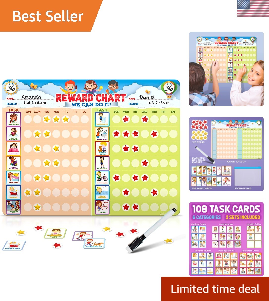 Educational Magnetic Chore Chart for 2 Children with Dry Erase Functionality