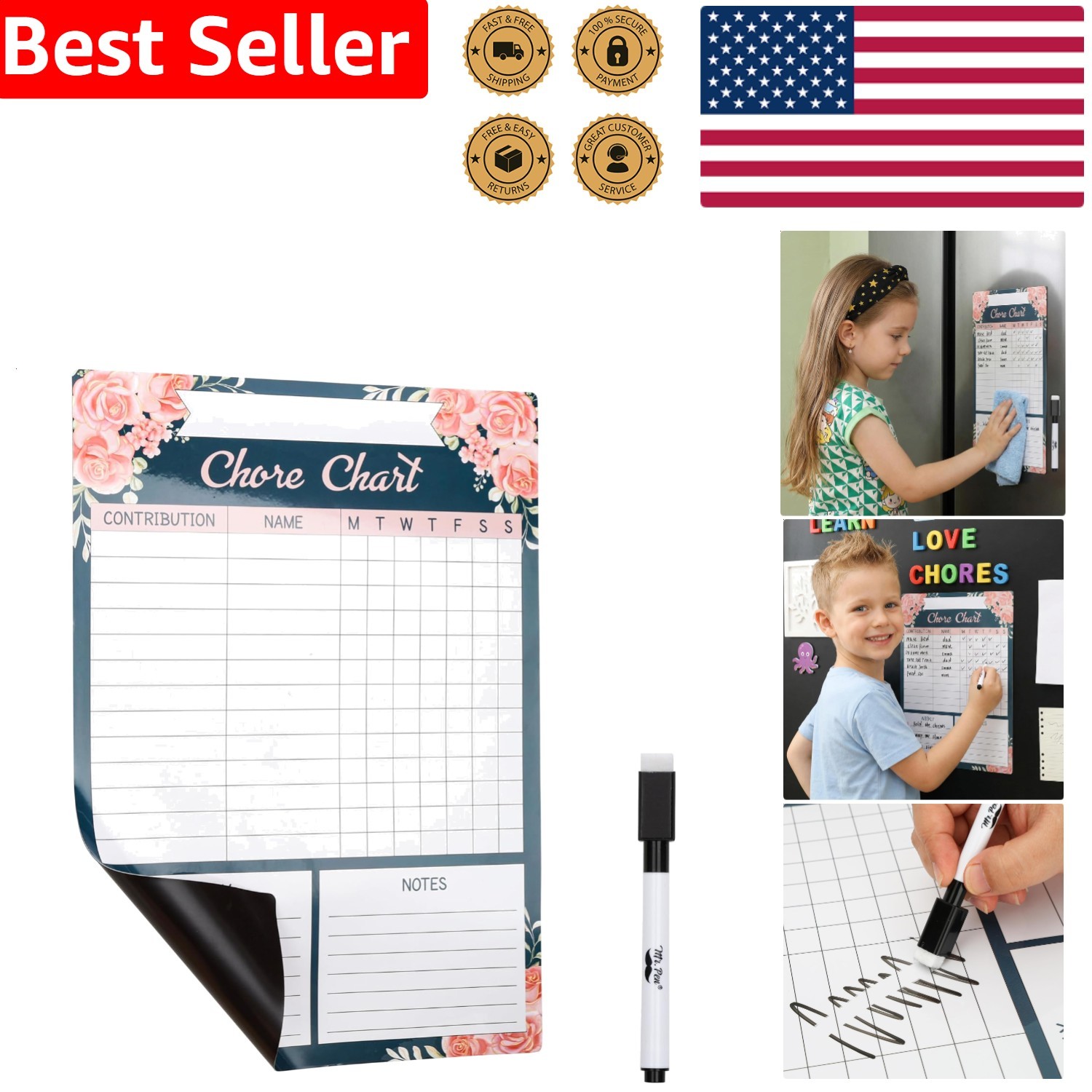 Fridge Magnetic Dry Erase Chore Chart 17×12 Floral Weekly Responsibility Tracker