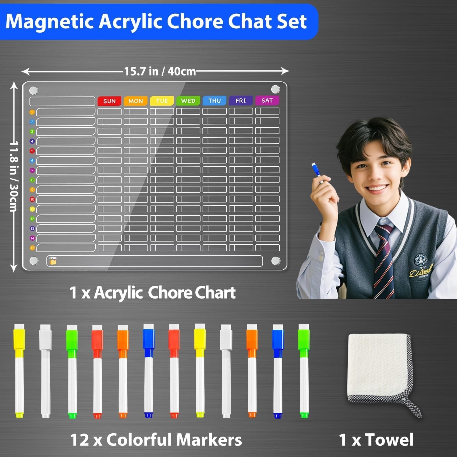 Large Acrylic Magnetic Chore Chart for Families – 16″x12″ Dry Erase Board, 12 Ma