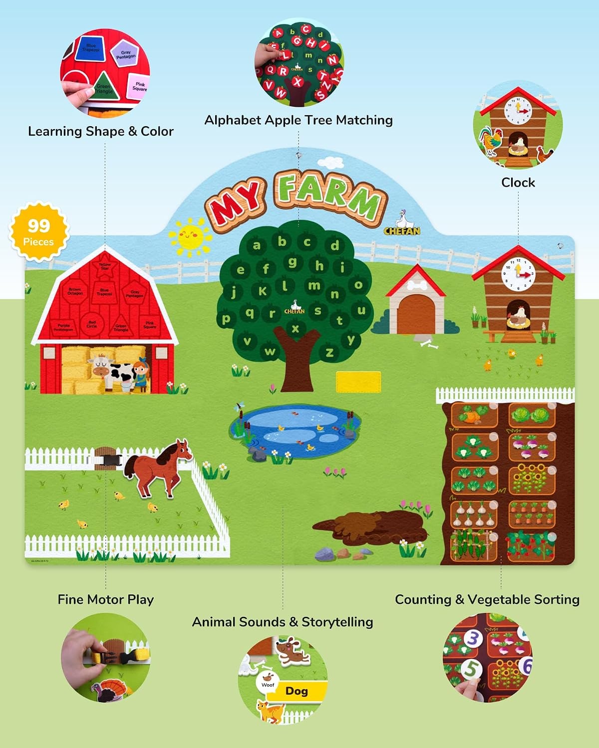 99 Pcs Farm Animals Felt Story Board Set, 3.9 Ft Preschool Farmhouse Barnyard Th