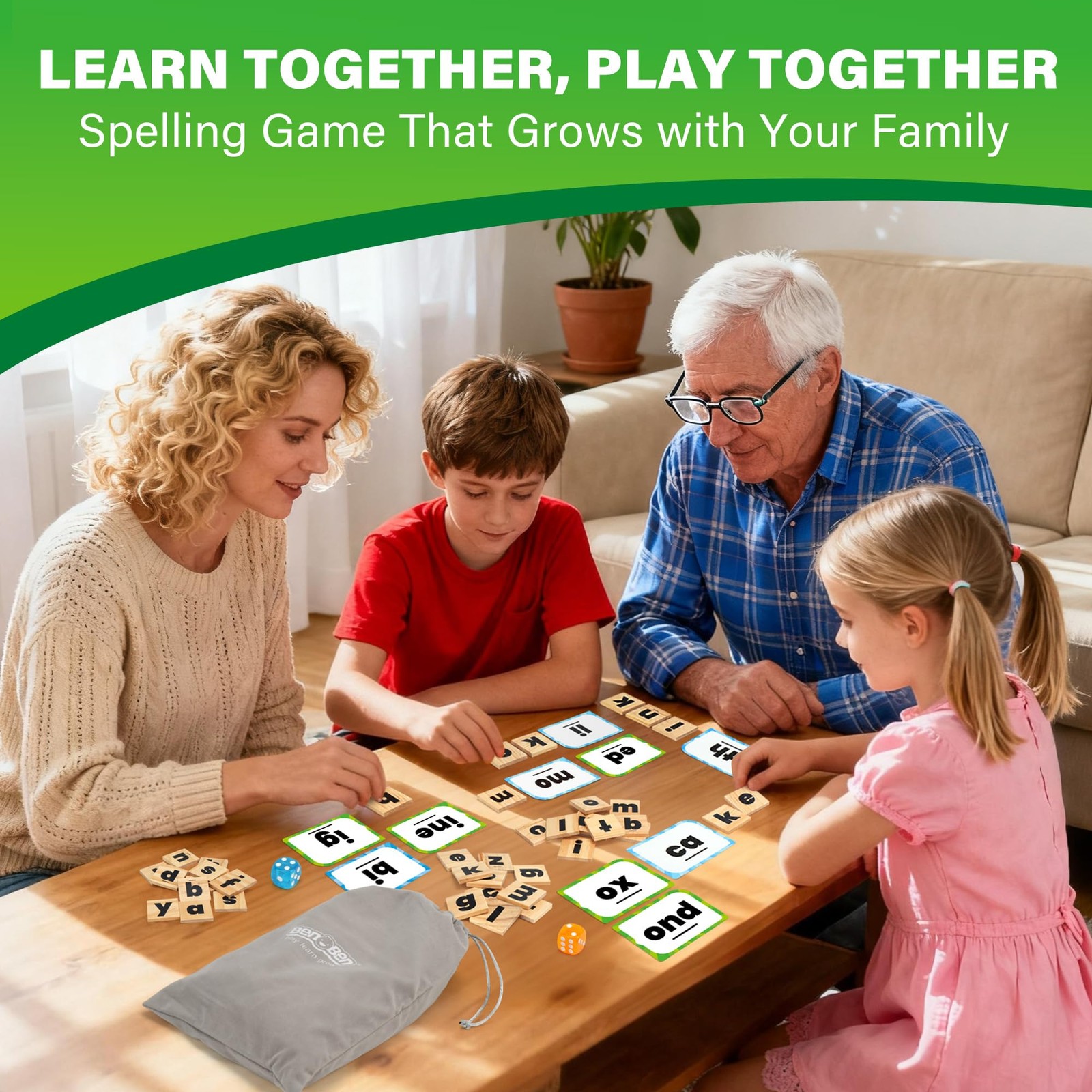 BenBen Family Spelling Games with 112 Flash Cards & Wooden Letter Tiles, CVC Sig