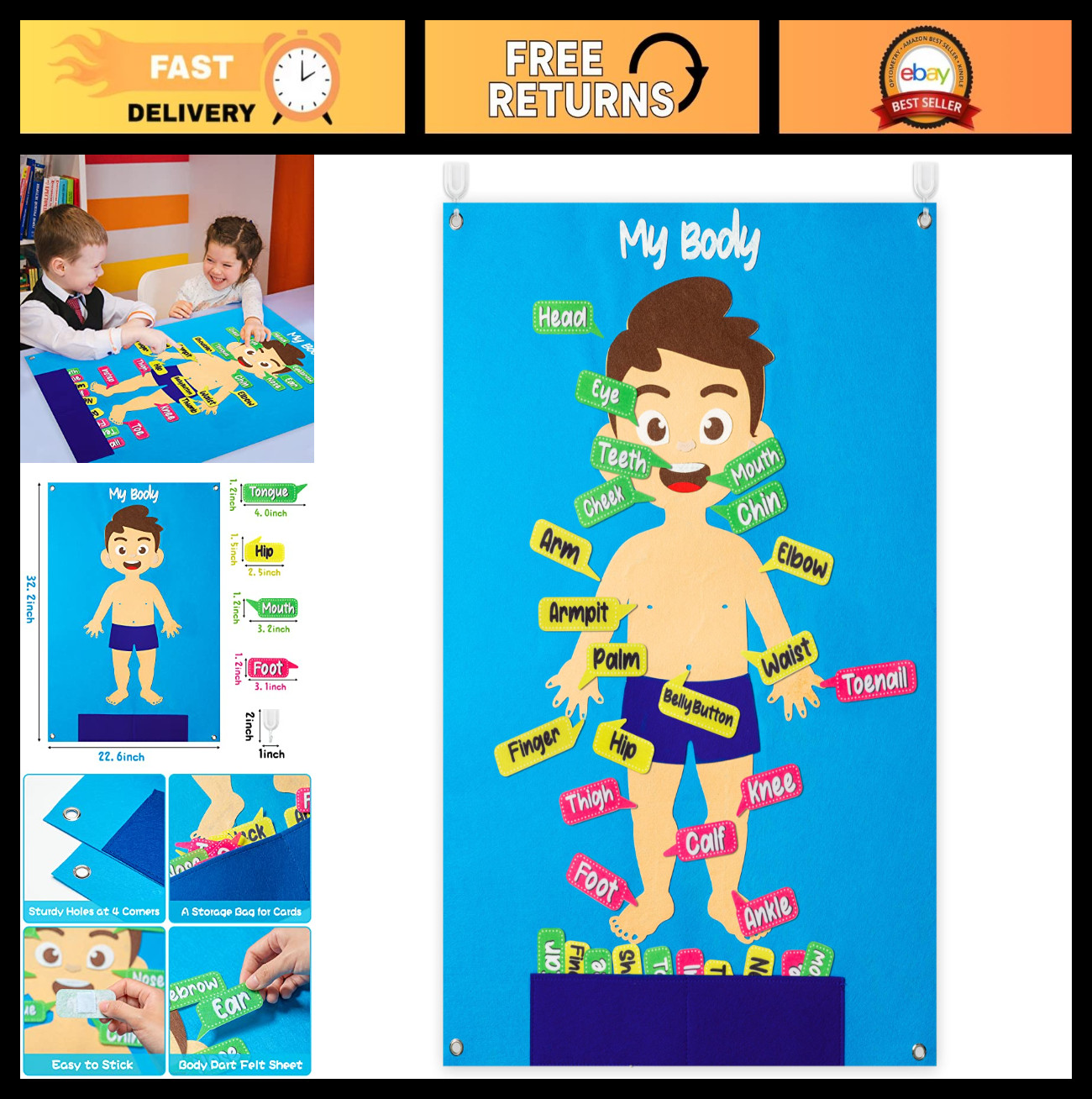 35Pcs Felt Body Parts Learning Set – Educational Storyboard for Kids, Interactiv