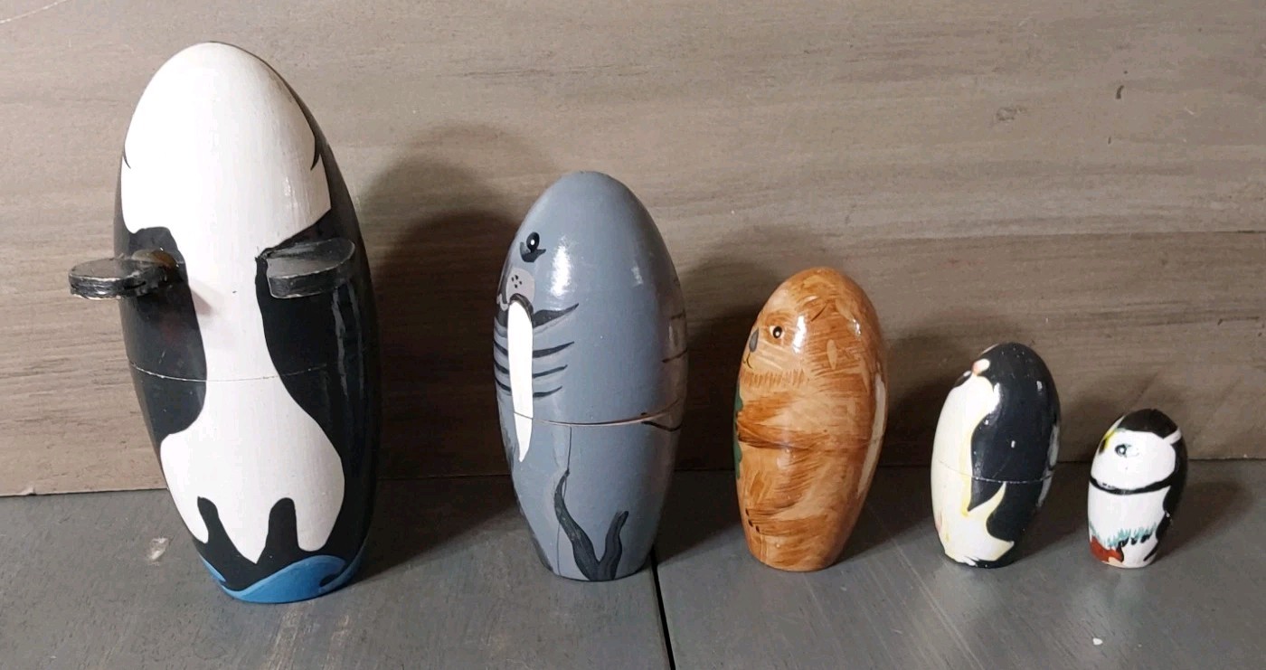 Ocean Marine Life 5pc Wooden Painted Nesting Doll Whale Walrus Penguin Puffin