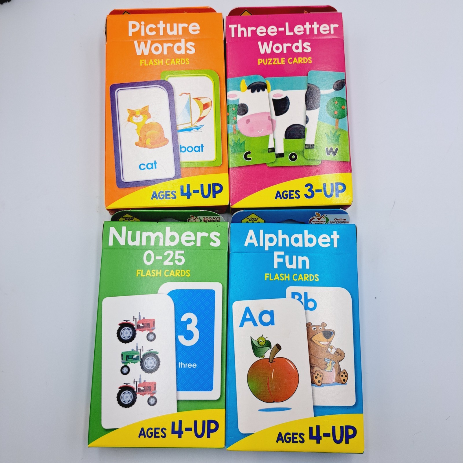 4 Packs of Learning Flash Cards School Zone Numbers, Words & Alphabet Age 3 & Up