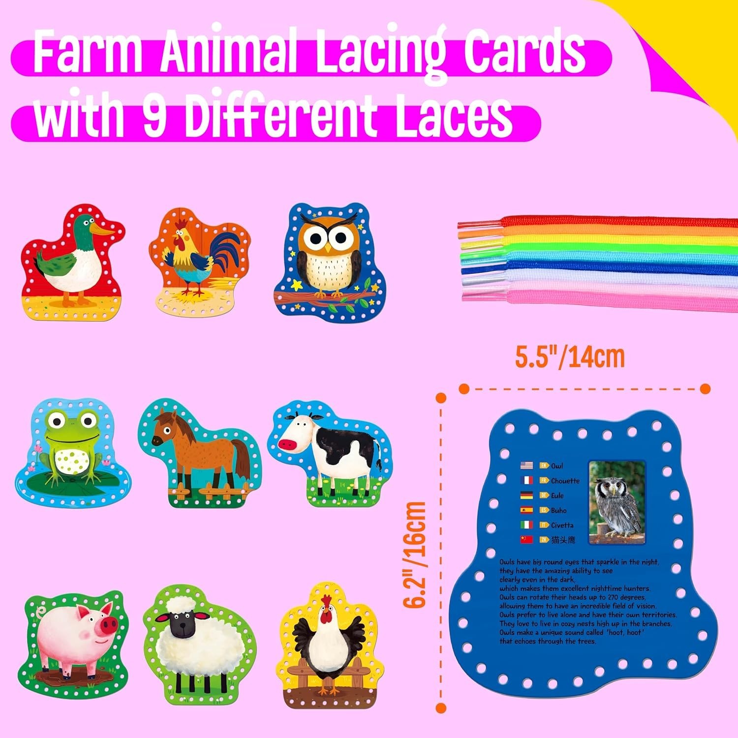 Engaging 9 Pcs Farm Animals Lacing Cards – Develop Skills with Colorful Laces