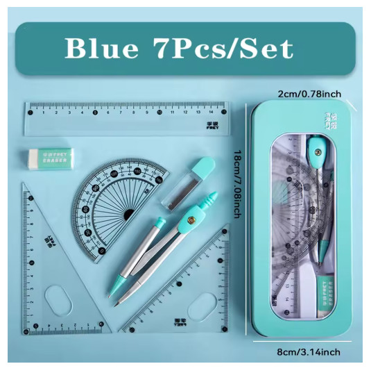 7 PCS Compass and Ruler Sets Triangle Ruler Protractor Rubber Student Exam