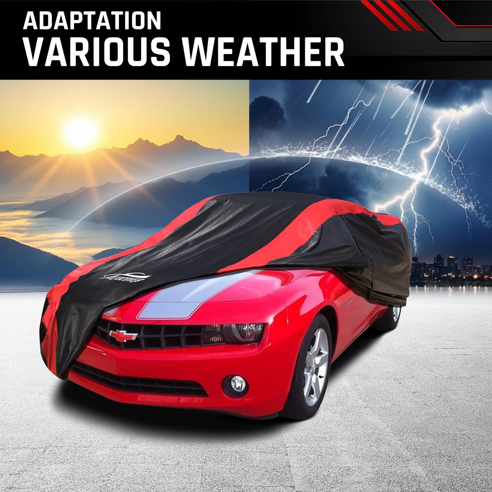 AltoCover Car Cover Custom Fit for Chevy Camaro 2010-2025, black and red