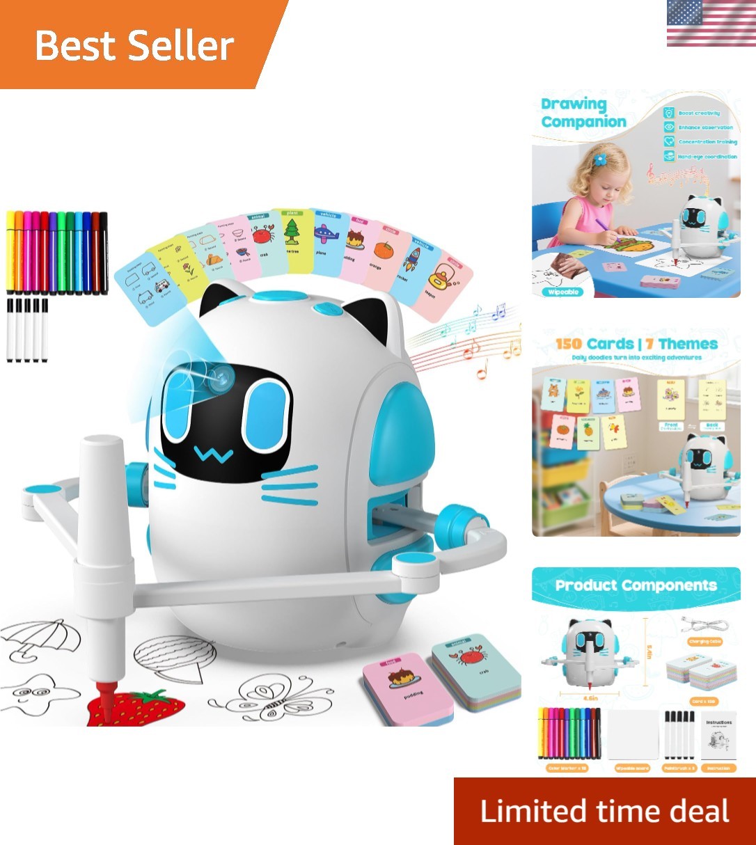Creative Drawing Robot for Ages 3+ | 150 Cards & Color Pens – Safe & Engaging