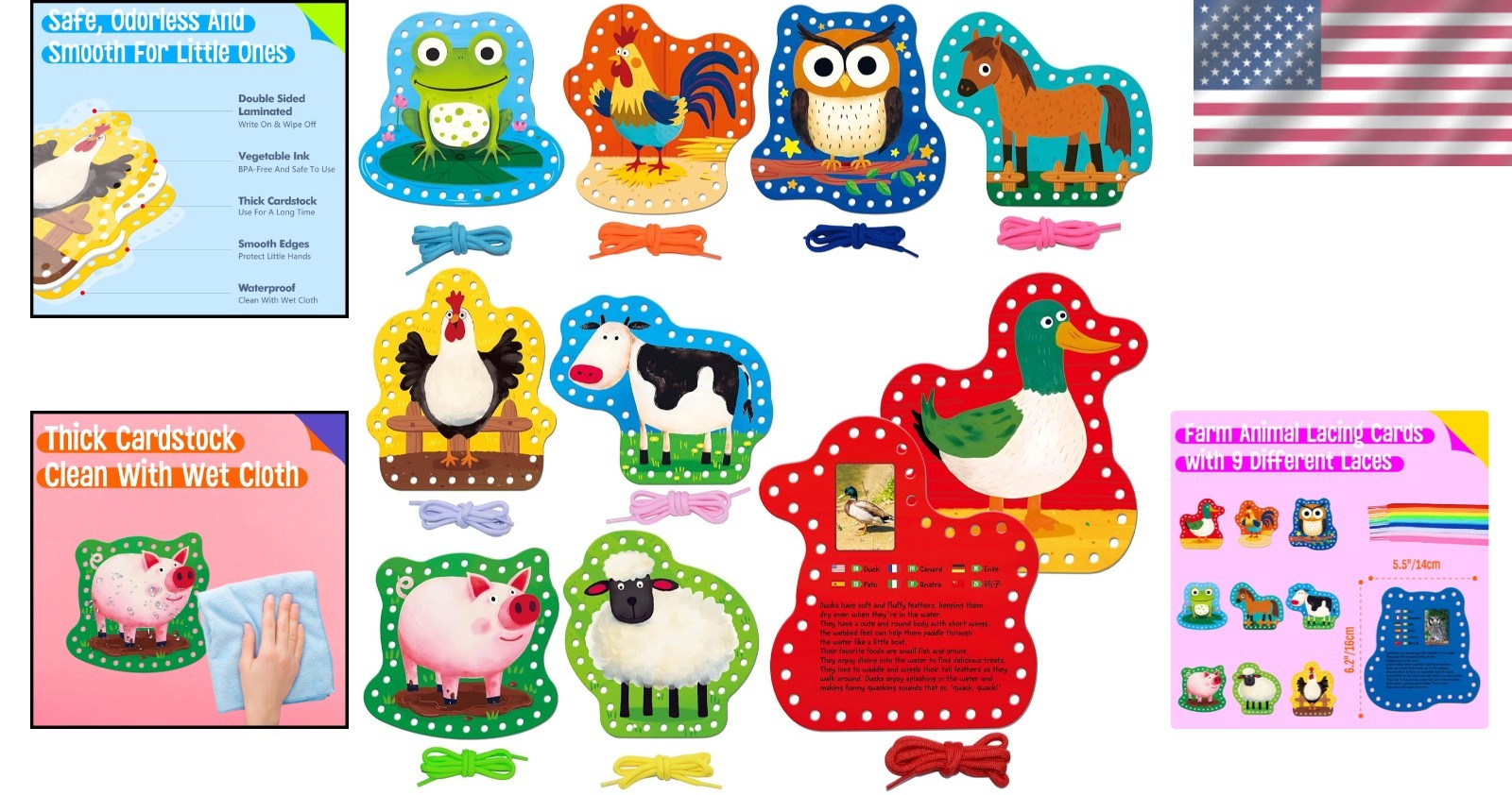 Engaging 9 Pcs Farm Animals Lacing Cards – Develop Skills with Colorful Laces