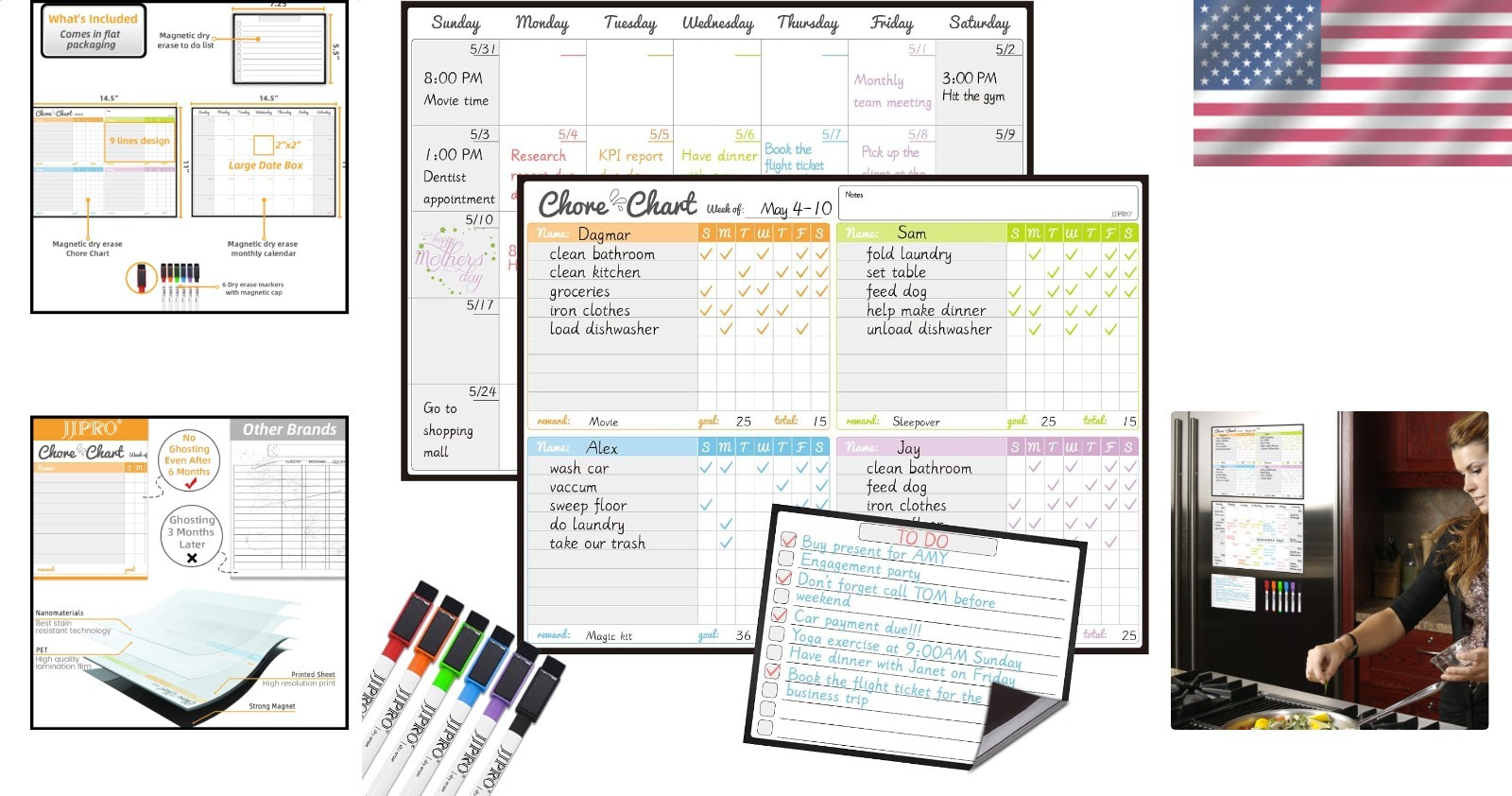 Magnetic Dry Erase Chore Chart Planner Kit Kids Family Fridge Calendar 6 Markers