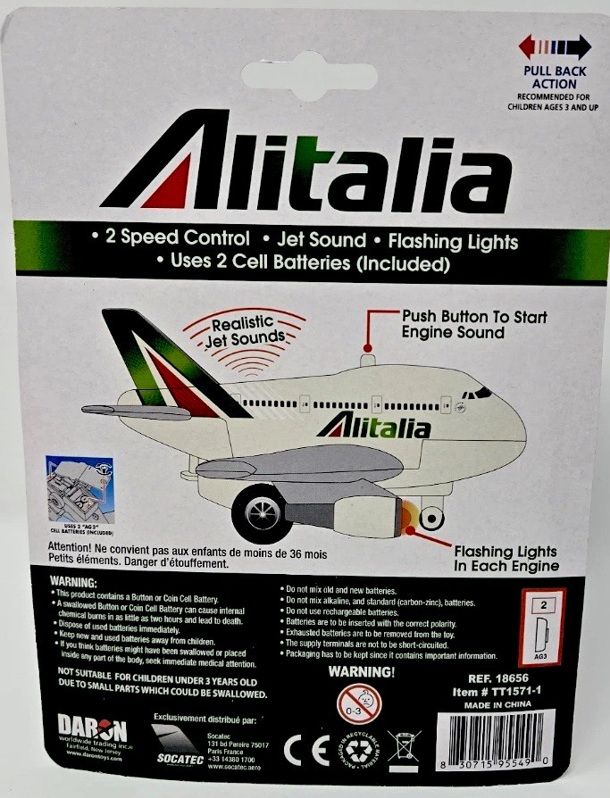 ALITALIA Toy Kids Fun Plane Jet Pull-Back Release Light Up & Noises HTF RARE New
