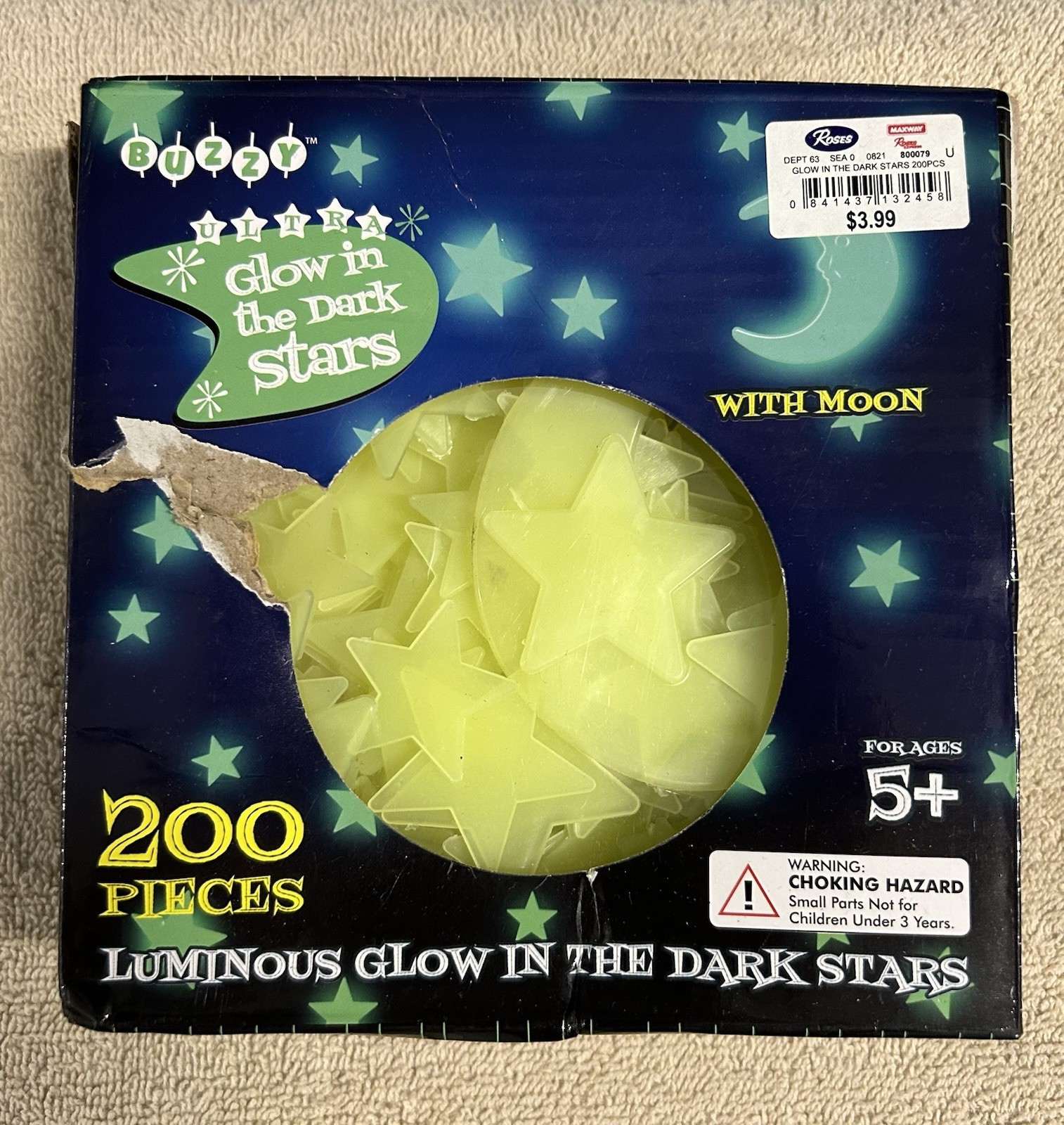 Buzzy Ultra Glow in the Dark Stars & Moon Set 200 Pieces w Adhesivesv
