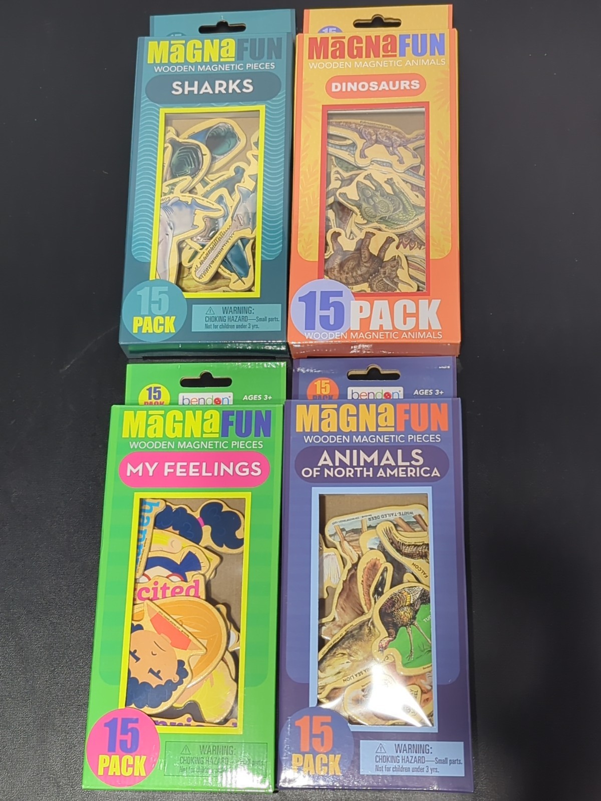 MagnaFun Wooden Magnetic Pieces Lot of 4 Bendon – Dinosaurs, Sharks, Animals