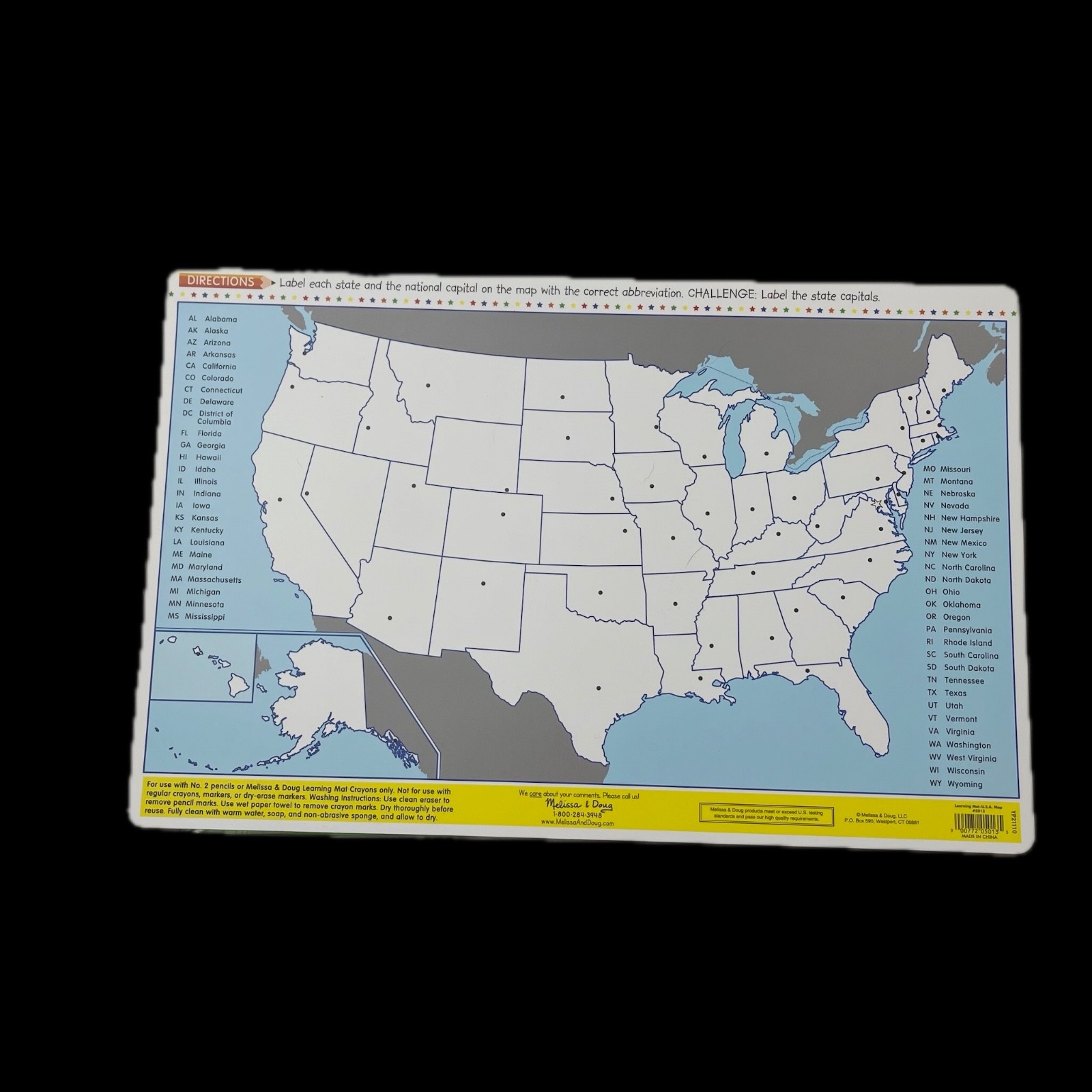 Melissa & Doug USA Map Reusable Learning Mats Learn States Capitals Brand New