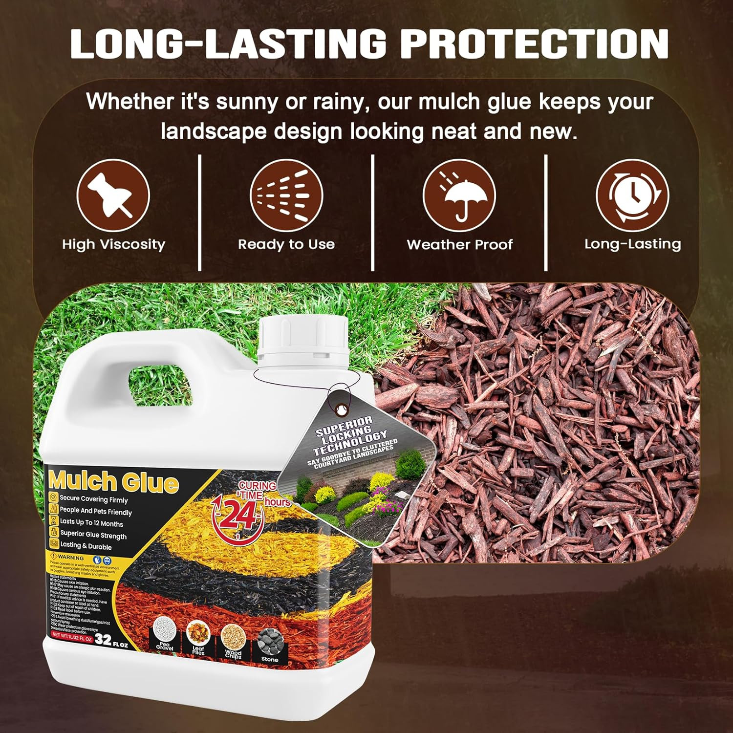 Mulch Glue – 32 OZ Rubber Mulch for Landscaping, Pet Safe Rock Glue, Ground