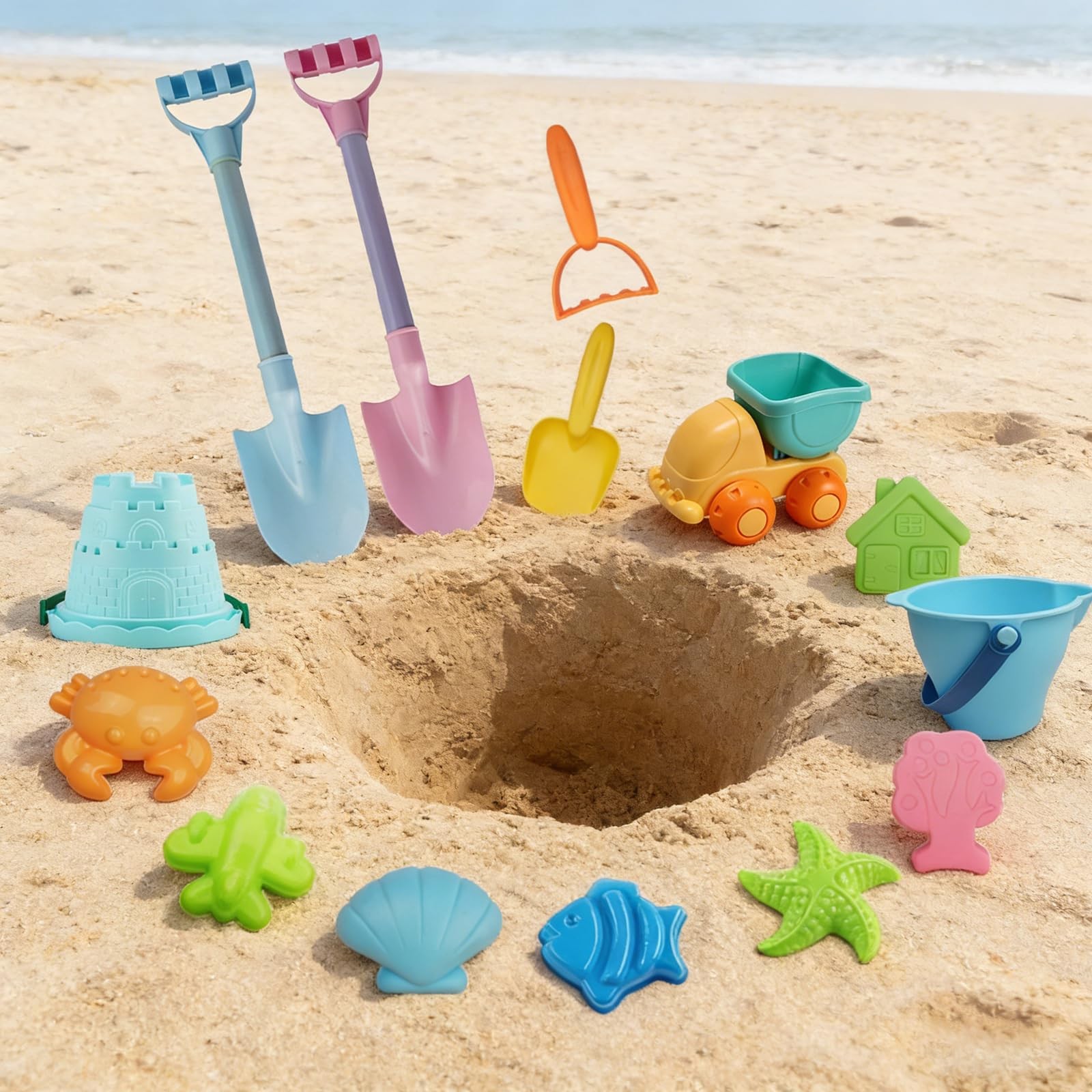 IOKUKI Long Shovels Sand Toys Set with Mesh Bag Including Small, Multicolor