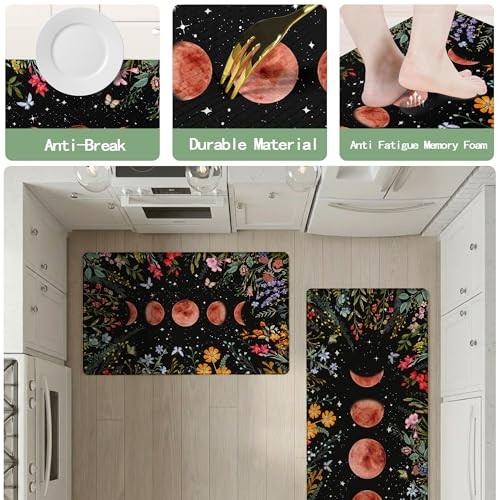 Kitchen Rug Mats for Floor Anti Fatigue Floral Boho Moon Kitchen Rugs Sets of 2