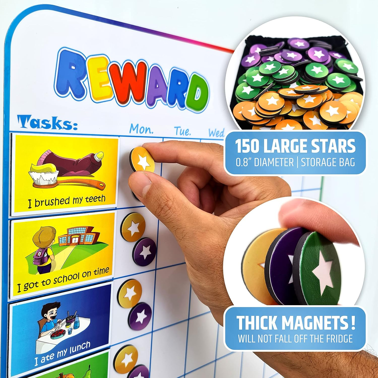 Large Magnetic Reward Chart for Multiple Kids (1-3 Kids) – 127 Pre-Written Stick