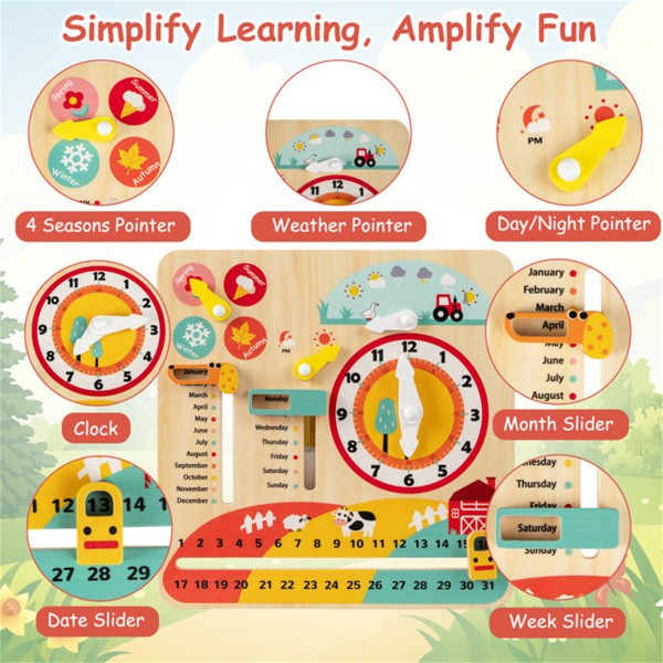 Wooden Kids Calendar & Clock Learning Board Montessori Educational Weather Toy